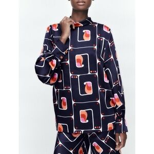 Zara | Retro Geo High Collar Mock Neck Long Sleeve Printed Charmeuse Blouse